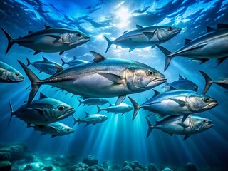 Fototapeta premium Majestic Silver Tuna School Underwater, Azure Ocean, Low Light Depth