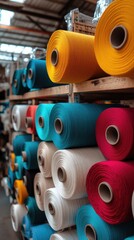 Vibrant Textile Spools in Factory Setting Depicting Modern Yarn Production and Industry Trends