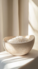 Bowl of white rice in natural light with soft shadows.