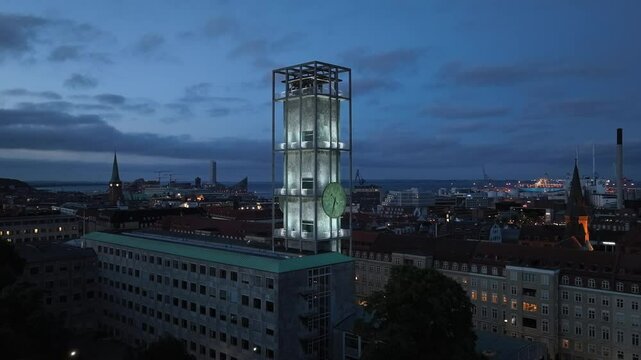 Aarhus, Jutland, Denmark - Aerial Drone View of Sankt Lukas Kirke CHurch in the Night at City Center.
