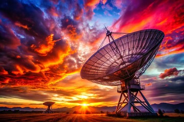 Majestic Sunset Double Exposure: Radio Telescope Silhouette