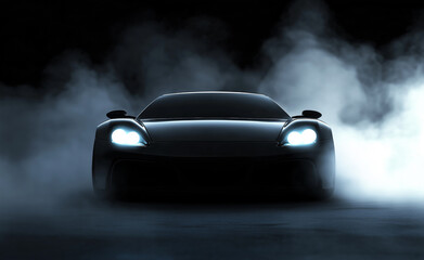 A sleek sports car with illuminated headlights emerging from dense smoke in a dark and mysterious setting.