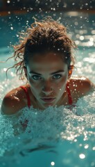 A determined young woman with striking blue eyes emerges from the water, droplets glistening around her. The image captures the essence of strength and focus, showcasing her fierce expression as she