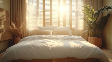 Sunlit bedroom with bed, plants, and curtains.