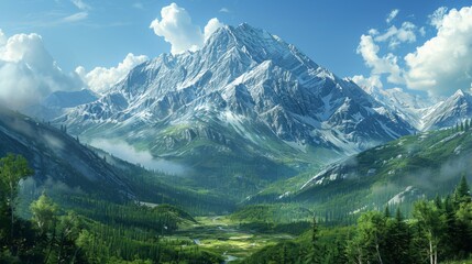 Naklejka premium a tall mountain with a forest below it