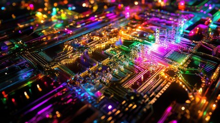 Naklejka premium Metallic quantum chip with neon-lit pathways, magnified to show intricate structural details