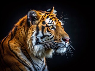 Fototapeta premium Majestic Tiger Side Profile, Black Background, Bokeh, Wildlife Photography