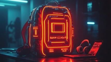 Futuristic glowing backpack with laptop and headphones.