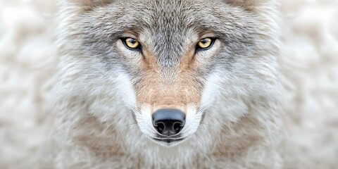 Obraz premium A close-up of a wolf's face, showcasing its detailed fur and striking golden eyes. Concept Wolf Portrait, Detailed Fur Texture, Striking Golden Eyes, Wildlife Photography, Nature Close-Up