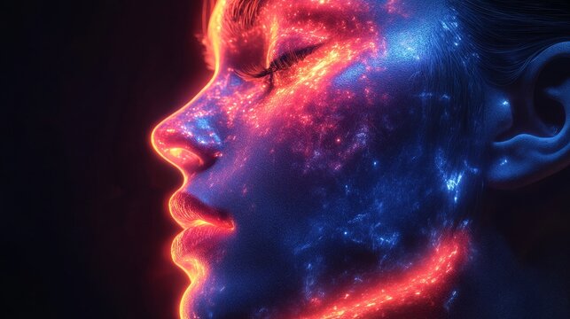 A woman's face is glowing with a blue and red color
