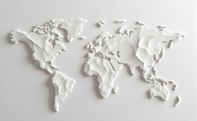 Minimalistic white 3D map of the world on a plain surface, highlighting global themes and clean design aesthetics.