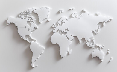 Minimalistic white 3D map of the world on a plain surface, highlighting global themes and clean design aesthetics.