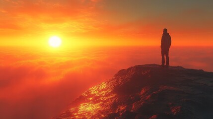 Fototapeta premium A man stands on a mountain top, looking out at the sun as it sets