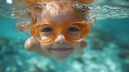 Fototapeta premium Underwater portrait of a smiling child with orange goggles.