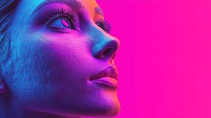 Obraz premium A woman's face is shown in a bright pink background