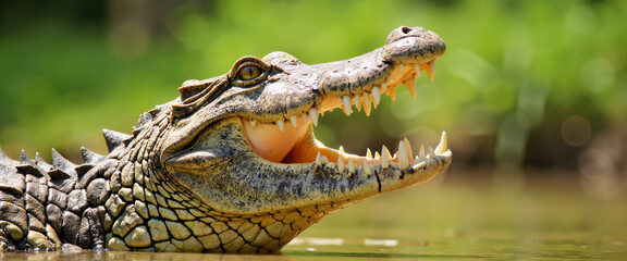 Obraz premium Fierce crocodile with open jaws in natural habitat - perfect for wildlife blogs, nature websites, conservation education, and danger awareness presentations