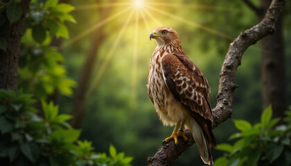Majestic hawk perched on tree branch at sunrise - ideal for nature blogs, wildlife websites, conservation awareness, and inspirational presentations