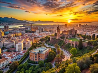 Obraz premium Malaga City Skyline Aerial View: Andalusian Coastline Panorama, Spain