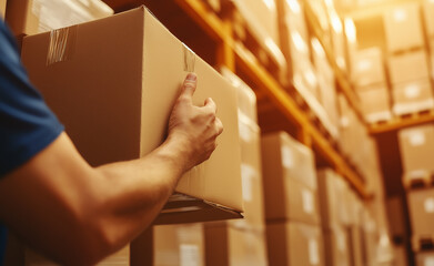 Worker handling a cardboard box in a sunlit warehouse filled with stacked parcels, representing logistics and shipping.