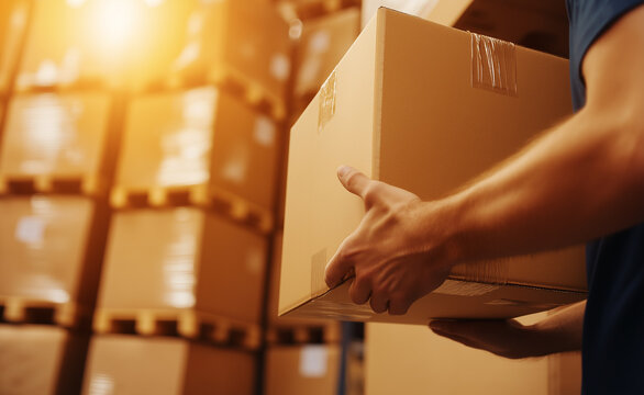 Worker handling a cardboard box in a sunlit warehouse filled with stacked parcels, representing logistics and shipping.