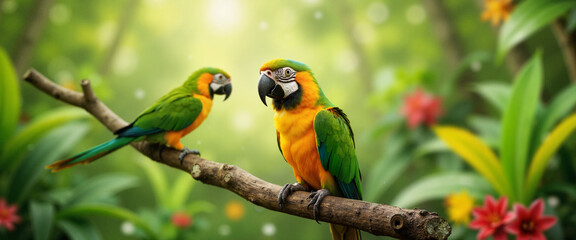Obraz premium Vibrant macaw parrots perched on branch in tropical rainforest - ideal for wildlife blogs, nature websites, conservation campaigns, and exotic bird education