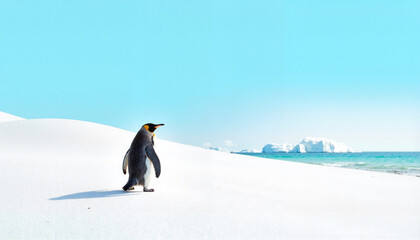 Lone penguin on pristine Antarctic beach - perfect for wildlife blogs, conservation websites, climate change awareness campaigns, and polar expedition promotions