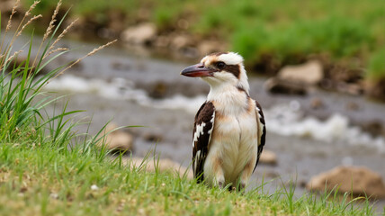 Obraz premium Majestic kookaburra by stream - perfect for nature blogs, wildlife websites, Australian tourism brochures, and environmental education materials