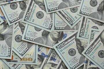 Big amount of american USD hunderd dollar bills banknotes close up