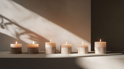 Five minimalist candles on beige shelf with shadows.