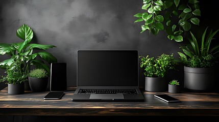 Dark wooden desk with laptop, phone, tablet, and various potted plants against a dark wall.