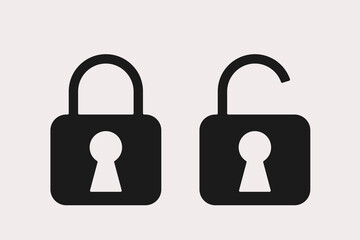 Minimalistic black and white icon set vector design. Locked and unlocked padlock, symbolizing security and accessibility. Simple vector illustration of two padlocks: one closed and one open. 