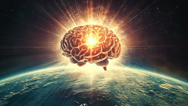 Creative representation of a glowing brain illuminating the Earth from space during a cosmic event