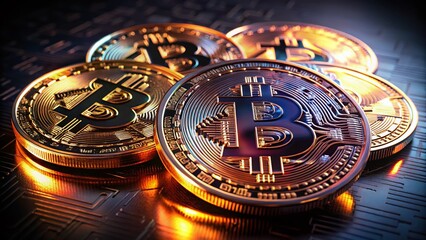 Metallic Bitcoin Replicas on Black Background - Luxury Fashion Photography