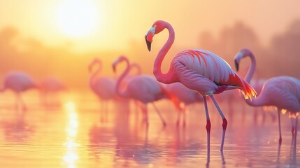 Naklejka premium Flock of Elegant Flamingos Wading in a Serene Sunset-Lit Wetland