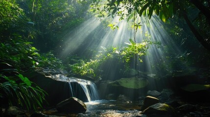 sunlight rays shining through dense jungle trees onto a small waterfall and stream
