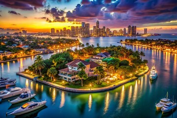 Obraz premium Miami Beach Star Island Aerial Long Exposure Night Photography