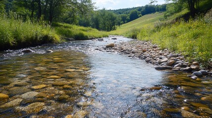 Fototapeta premium Serene Stream Flows Through Lush Green Valley Landscape