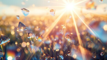 A dreamy depiction of prismatic refractions floating through a field of softly blurred glass shards