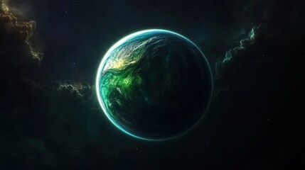 Enigmatic Green Planet in Deep Space Mysterious Celestial Body Orbiting in a Nebula