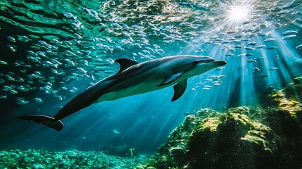 Majestic dolphin swimming gracefully through sunlit ocean waters surrounded by shimmering fish