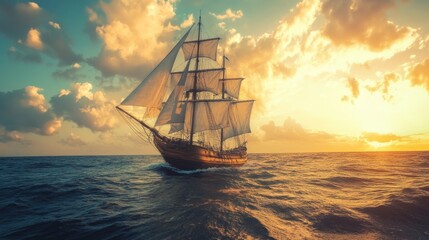 majestic sailing ship on the open ocean at sunset with dramatic clouds and golden light
