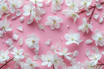 Obraz premium Fresh branch of white cherry blossoms and petals on light pink background. Pastel color. High quality photo
