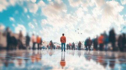 Obraz premium man standing alone on a reflective wet surface surrounded by a blurred crowd under a bright sky with clouds 