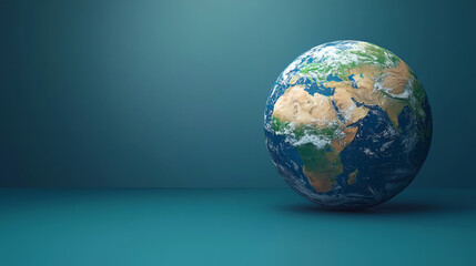 Fototapeta premium Our Fragile Earth: A detailed globe of our planet rests on a teal backdrop, emphasizing the beauty and vulnerability of Earth. It’s a powerful symbol of sustainability, environmental consciousness.