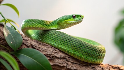 Obraz premium A vibrant green snake with intricate scales coiled on a tree branch, surrounded by natural foliage, on a softly lit background, ideal for nature and wildlife themes.