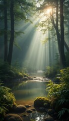 Obraz premium A tranquil forest scene captures golden rays of sunlight piercing through tall trees, illuminating a peaceful stream. The lush greenery and gentle water create a serene atmosphere, inviting viewers to