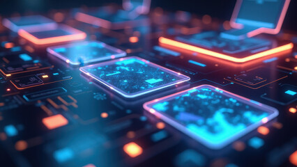 Close-Up of an Electronic Circuit Board with Magical Glow and Sparkling Lights