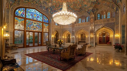 Obraz premium Luxurious Palace Interior with Ornate Details and Stained Glass