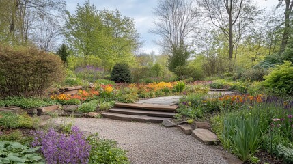 Obraz premium Serene Spring Garden Path Stone Steps Flowers