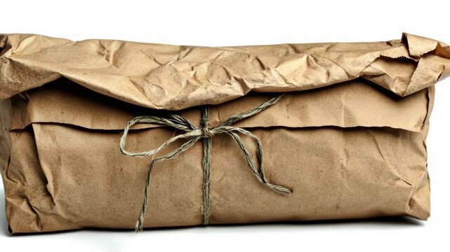Wrapped parcel ready for delivery with twine on rustic background and brown paper